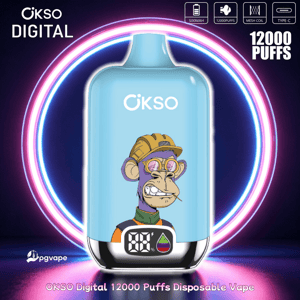 OKSO Digital 12000 Puffs disposable vape with blue body, cartoon monkey graphic, and neon ring background, 500mAh, mesh coil, Type-C