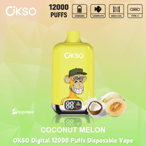 OKSO Digital 12000 Puffs disposable vape in coconut melon flavor with battery display and coconut and melon graphics