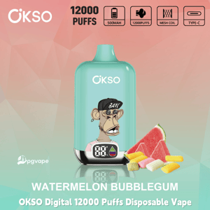 OKSO Digital 12000 Puffs disposable vape in Watermelon Bubblegum flavor with 500mAh battery and Type-C charging icons