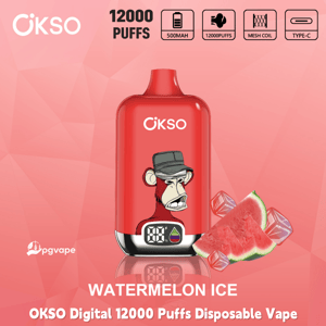 Red OKSO Digital 12000 Puffs disposable vape, Watermelon Ice flavor, with 500mAh battery and Type‑C charging icons