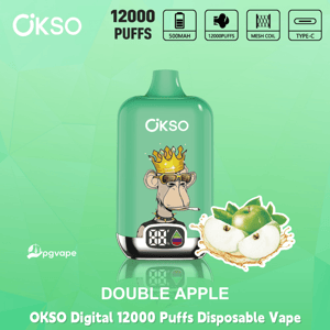 OKSO Digital 12000 Puffs disposable vape in green, Double Apple flavor, with battery display and apple graphic
