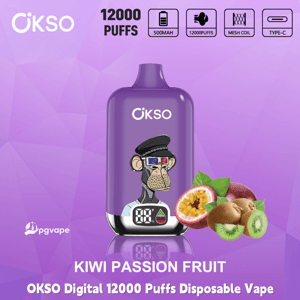 Purple OKSO digital disposable vape, 12000 puffs, kiwi passion fruit flavor, 500mAh battery, mesh coil, Type-C charging