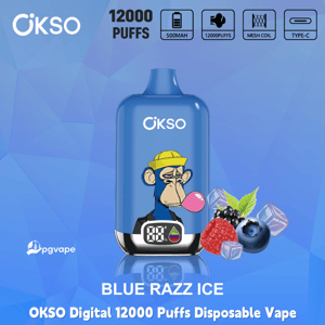 OKSO Digital 12000 Puffs disposable vape in Blue Razz Ice flavor with 500mAh battery, mesh coil, and Type-C charging icons