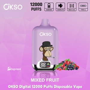 OKSO Digital 12000 Puffs disposable vape in mixed fruit flavor with 500mAh battery, mesh coil, and Type-C charging icons displayed