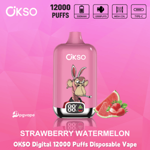 Pink OKSO Digital disposable vape, 12000 puffs, strawberry watermelon flavor, 500mAh, mesh coil, Type‑C charging