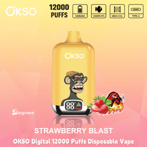 OKSO Digital 12000 Puffs disposable vape in Strawberry Blast flavor with 500mAh battery, mesh coil, and Type-C charging