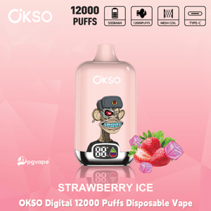 OKSO Digital 12000 Puffs disposable vape in Strawberry Ice flavor with strawberry and ice cube graphics on pink background