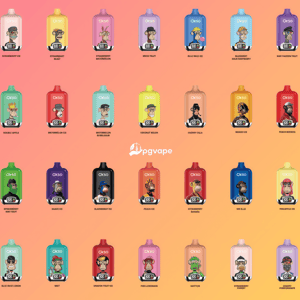 Grid of colorful Oxso vape devices with cartoon monkey designs and assorted flavor names on a gradient background