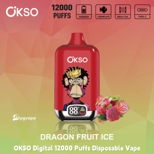 Red OKSO disposable vape with crowned ape graphic, labeled 12000 puffs Dragon Fruit Ice, 500mAh, mesh coil, Type-C charging