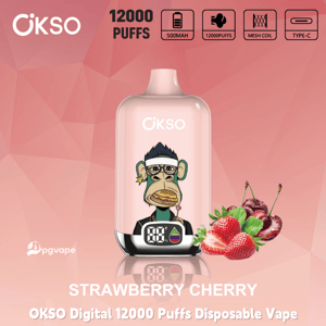 OKSO Digital 12000 Puffs disposable vape in strawberry cherry flavor with 500mAh battery, mesh coil, and Type-C charging icons displayed