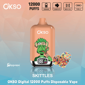 OKSO Digital 12000 Puffs disposable vape, Skittles flavor, 500mAh battery, mesh coil, Type‑C charging icons displayed