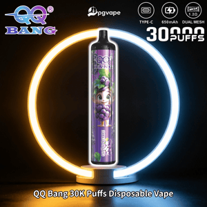 QQ Bang 30K puffs disposable vape with glowing circular LED light on dark background