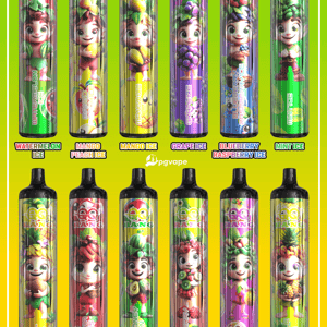 Six colorful vape cartridges with cartoon characters and flavors like Watermelon Ice, Mango, Grape Ice, Blueberry Raspberry Ice, Mint Ice