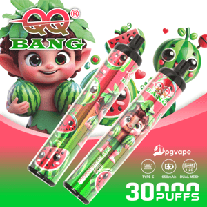 Colorful cartoon-style 30 puffs vape device packaging with watermelon graphics and “pgvape” branding