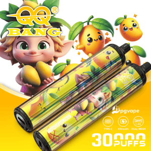 Colorful cartoon mango characters and two transparent vape devices with “30 puffs” and 650mAh Type-C text