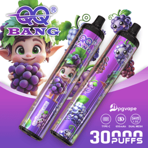 Two purple grape-themed vape pods with cartoon grape characters and “30 Puffs” text on a purple background