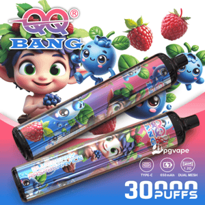 Cartoon berry-themed vape device with “30 PUFFS” and “TYPE-C 650mAh” text on the display side