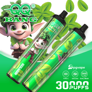 Green cannabis leaf background with two vape device pods, “30 PUFFS” and “PG Vape” branding on a promotional graphic