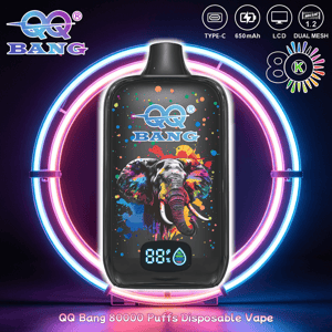 QQ Bang 80000 puffs disposable vape with colorful elephant artwork, LCD display, and neon ring background