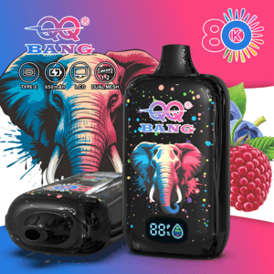 QQ Bang 8K disposable vape with LCD, Type-C 650mAh battery and dual mesh, elephant design and berry graphics