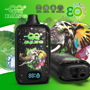 Black QQ Bang vape device with colorful elephant design, LCD display, 650mAh Type-C charging, dual mesh, 8K puffs branding