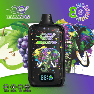 EQ Bang 80K vape device with colorful elephant design, grape and apple graphics, and LCD battery display icons