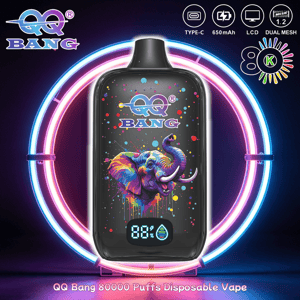 QQ Bang 80000 Puffs disposable vape with colorful elephant art, LCD display, and neon ring background