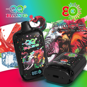 Colorful 80K Bang watermelon ice vape device with elephant artwork, LCD display, and Type-C charging icons