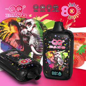 QQ Bang 8K vape device with colorful elephant artwork, LCD display, and icons for Type‑C, 650mAh, and dual mesh, with fruit backdrop