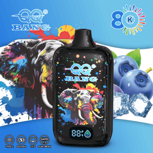 Black EQ Bang vape device with colorful elephant art, 80K puffs, shown with blueberries and ice cubes on blue background