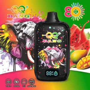 Colorful ad for BANG 80K vape with elephant artwork, fruit graphics, LCD display, 650mAh battery, and dual mesh feature icons