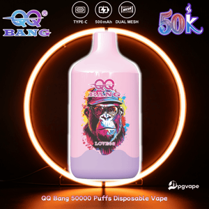 Pink disposable vape bottle with “BANG” graphic, “LOVE66,” Type-C 500mAh Dual Mesh icons and “50k” callout