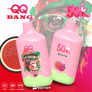 Two pink vape bottles with fruit graphics, “BANG” “50K” text, and a “pgvape” logo background