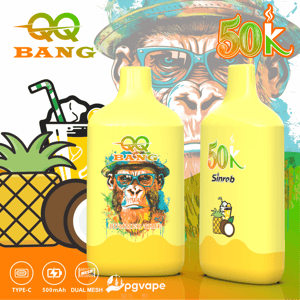 Two yellow vape bottles with gorilla artwork, “BANG” text, and “50K” label on a colorful summer-themed poster
