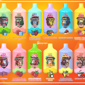 Row of colorful e-liquid bottles with “BANG” branding and fruit flavors like mint ice, watermelon, and mixed fruits