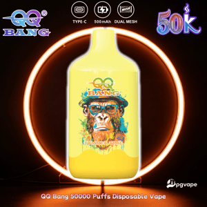 Yellow disposable vape bottle with monkey graphic, “BANG” and “SUMMER TIME,” surrounded by 360° light ring