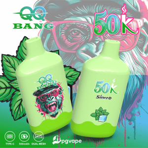 Two neon green vape bottles with “50K” and “BANG” designs over a colorful street-art background