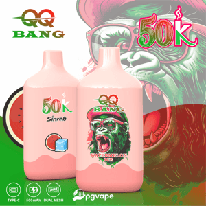 Two pink 500k BANG e-juice bottles with flaming number 50K text and a green angry mascot in the background