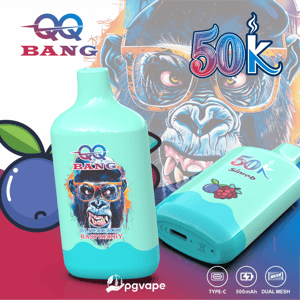 Gaming e-liquid label featuring a gorilla face, “BANG” branding, and “50K” graphic on vape packaging
