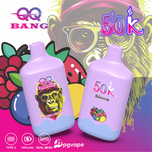 Two purple 50K and 500mg vape bottles with neon “50K” text and a gorilla graphic background