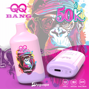 Purple cartoon-style image showing two vape devices with “BANG” “50k” text and a “Type-C, 500mAh, Dual Mesh” label