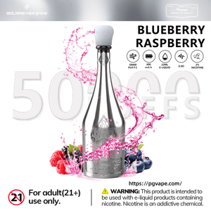 Blueberry raspberry vape device with pink berry splash, “50,000 puffs” and “0.2% nicotine” text