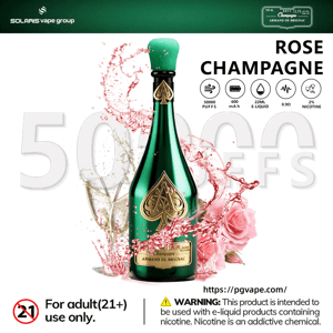 Green vape liquid bottle with rose champagne label, “50000 PUFFS” and “ROSE CHAMPAGNE” text over splash graphics