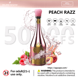 Peach Razz e-cigarette vape cartridge with pink bulb, splash background, and product stats text like 50000 puffs and 22ML