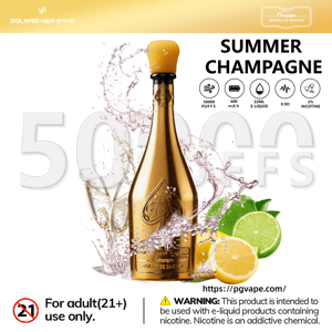 Gold e-cigarette bottle with “SUMMER CHAMPAGNE” text, splash bubbles, citrus fruit, and product specs (50000 puffs, 2% nicotine)