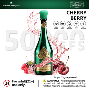 Green vape bottle with cherry berry flavor graphic, “50000 puffs” and “22ML E-liquid,” plus fruit splash background