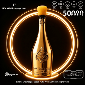 Gold vape bottle with yellow drip tip, glowing ring light, and “50000 Puffs” text on dark promotional background