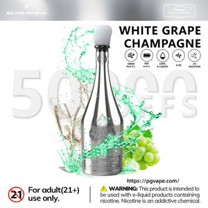 White grape vaping device promo showing green splash graphics, 50000 puffs, 22 ml e-liquid, and 2% nicotine text