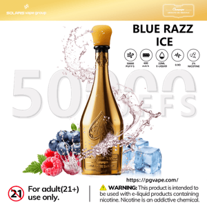 Gold vape bottle with orange cap, “BLUE RAZZ ICE” flavor label and icons showing 50,000 puffs and 2% nicotine