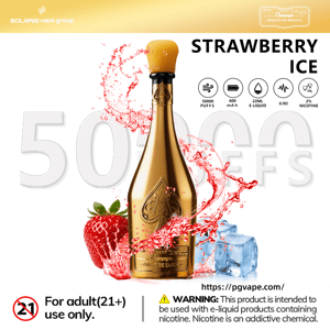 Golden vape bottle labeled “STRAWBERRY ICE” with strawberry, ice cube, red splash, and flavor specs (50000 puffs, 22ML)